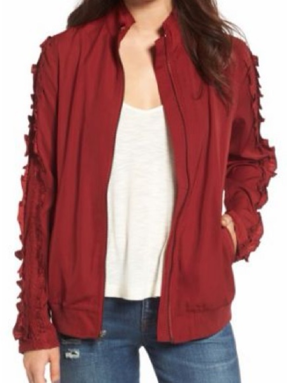 Treasure & Bond Red Ruffle-Trim Track Jacket